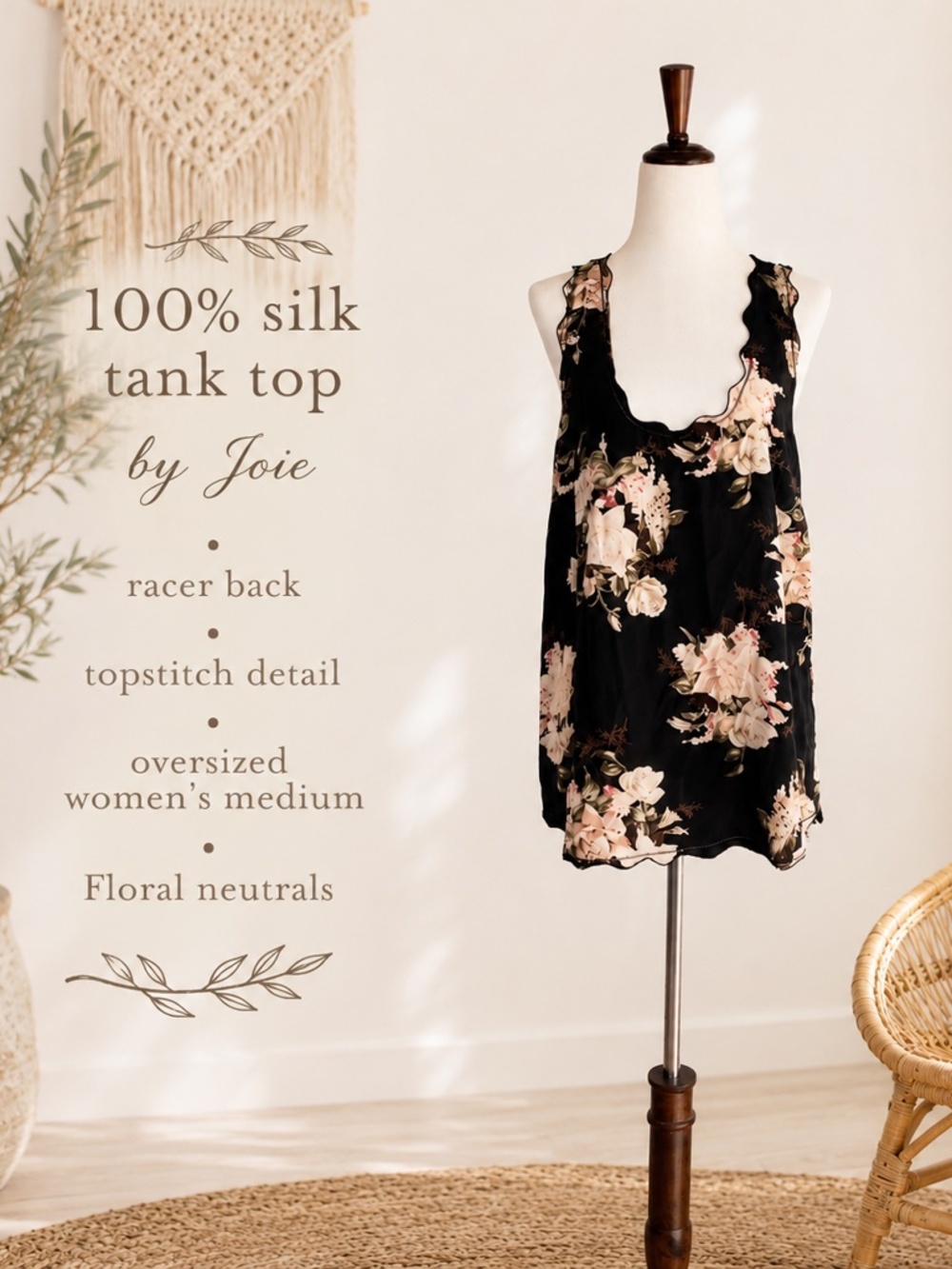 Joie 100% Silk Floral Tank Top | Oversized Medium | Racerback | Neutral Floral